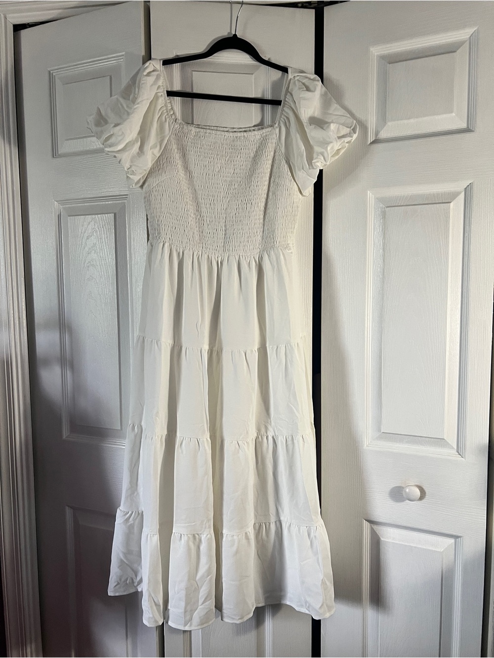 White Puff-Sleeve Smocked Maxi Dress